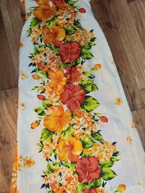 VTG Waterfall Dress With White Floral Orange & Red Hibiscus - TIKI